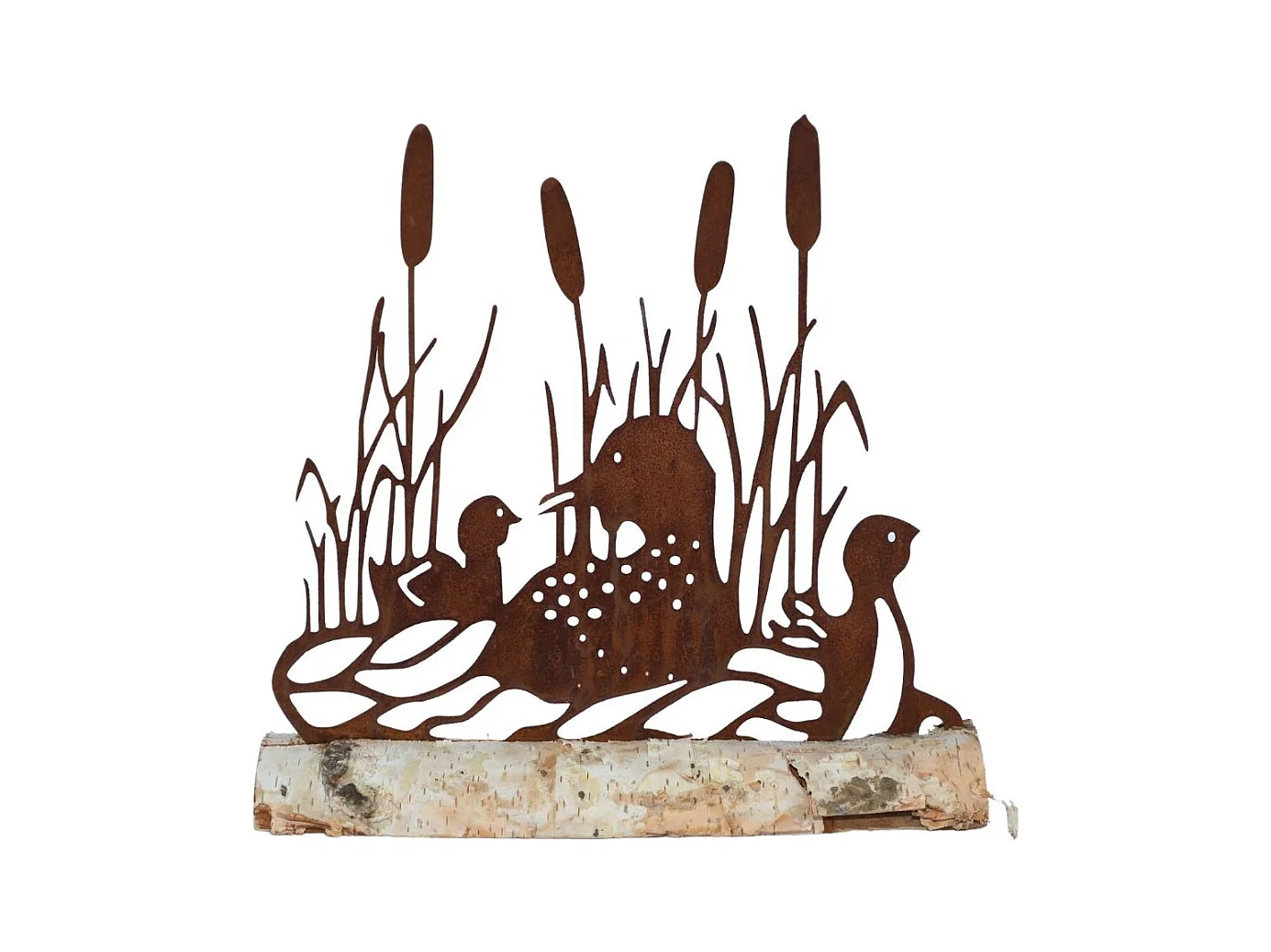 Canard statuette décoration jardin métal rouillé bois marron 28x26cm
