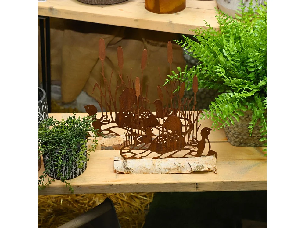 Canard statuette décoration jardin métal rouillé bois marron 28x26cm