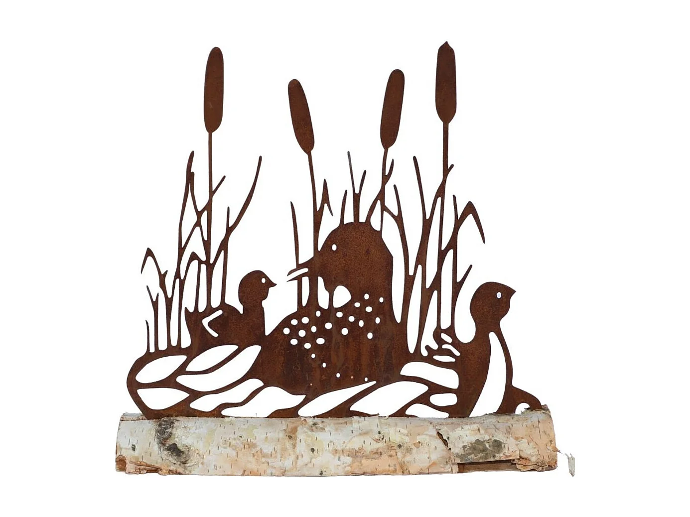 Canard statuette décoration jardin métal rouillé bois marron 28x26cm