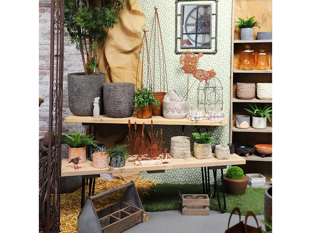 Canard statuette décoration jardin métal rouillé bois marron 28x26cm