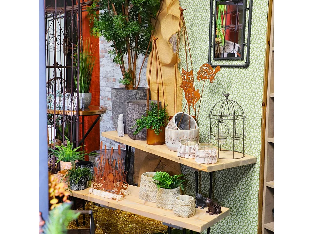 Canard statuette décoration jardin métal rouillé bois marron 28x26cm