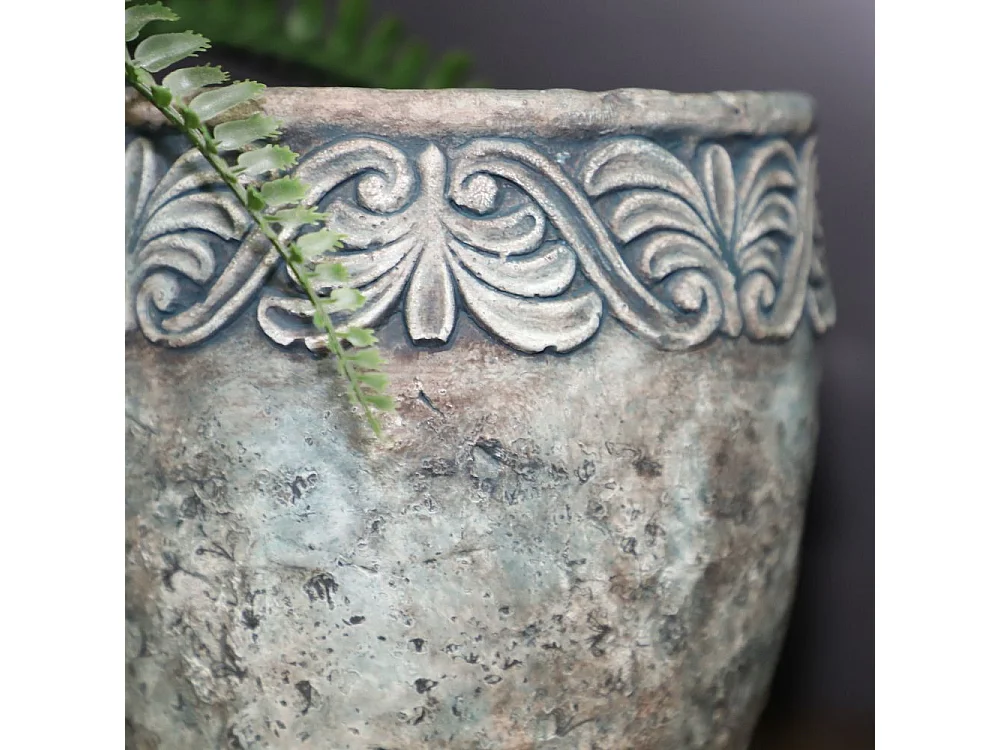 Cache-pot rond en ciment vieilli bleuté et cuivré - Ø.17,5 x Ht.15,5 cm Ø.17,5 x Ht.15,5 cm