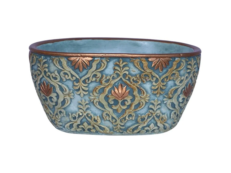 Jardinière ovale en ciment vieilli bleuté et cuivré - L.18 x l.10,5 x Ht.8