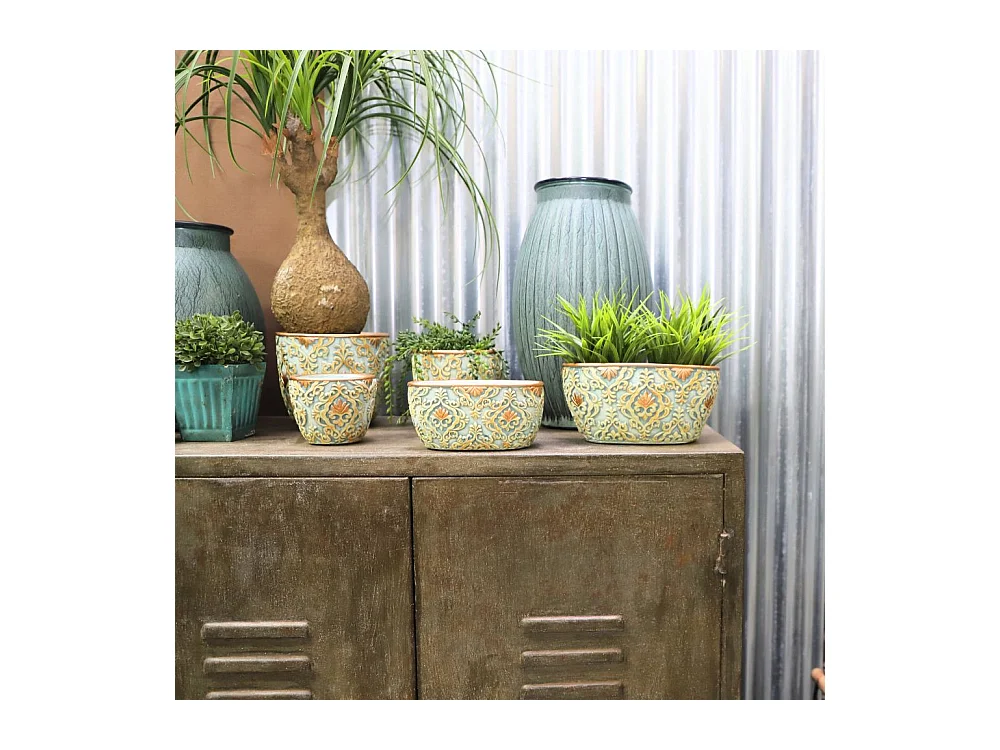 Jardinière ovale en ciment vieilli bleuté et cuivré - L.18 x l.10,5 x Ht.8