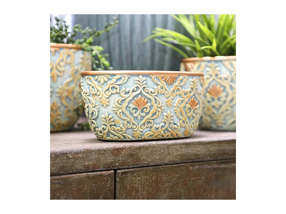 Jardinière ovale en ciment vieilli bleuté et cuivré - L.18 x l.10,5 x Ht.8