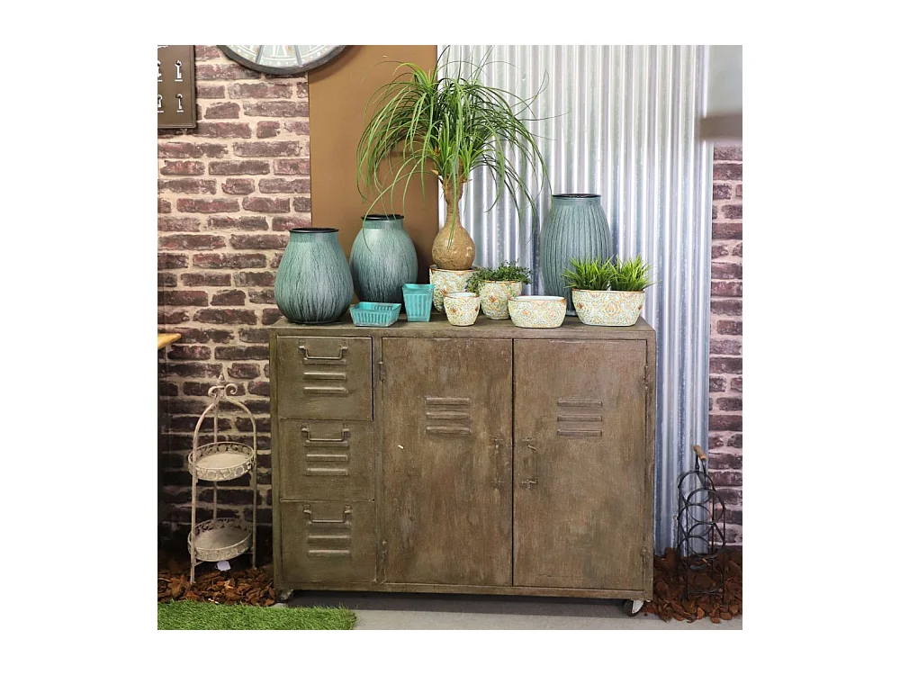 Jardinière ovale en ciment vieilli bleuté et cuivré - L.18 x l.10,5 x Ht.8