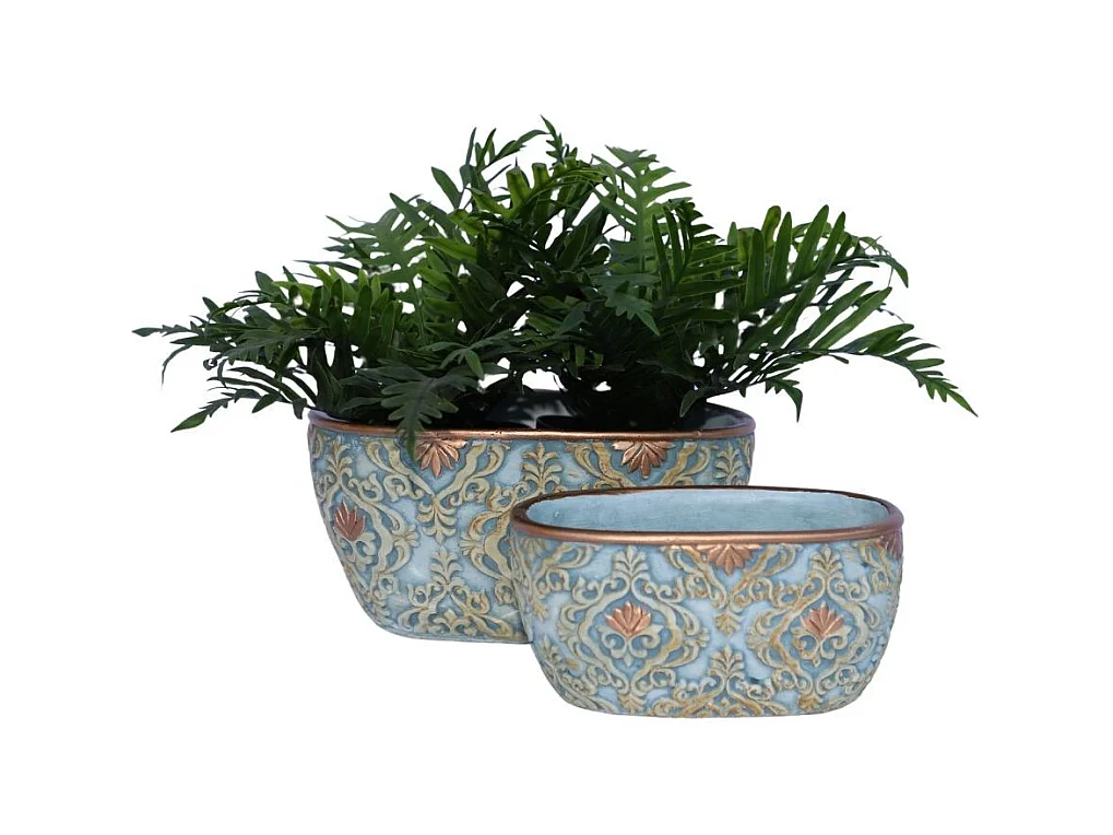 Jardinière ovale en ciment vieilli bleuté et cuivré - L.18 x l.10,5 x Ht.8