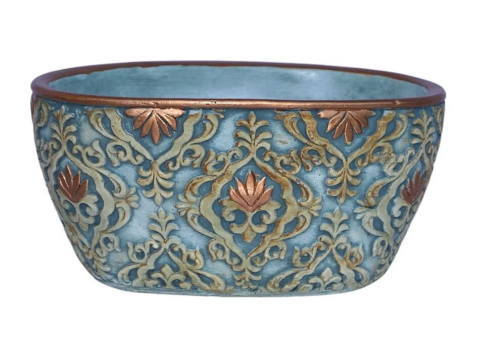 Jardinière ovale en ciment vieilli bleuté et cuivré - L.18 x l.10,5 x Ht.8