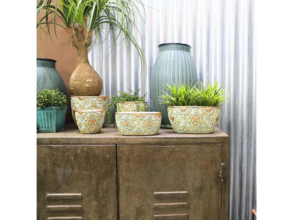 Jardinière ovale en ciment vieilli bleuté et cuivré - L.18 x l.10,5 x Ht.8