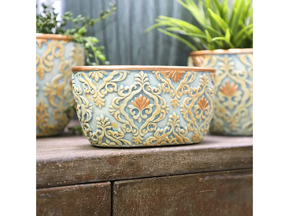 Jardinière ovale en ciment vieilli bleuté et cuivré - L.18 x l.10,5 x Ht.8