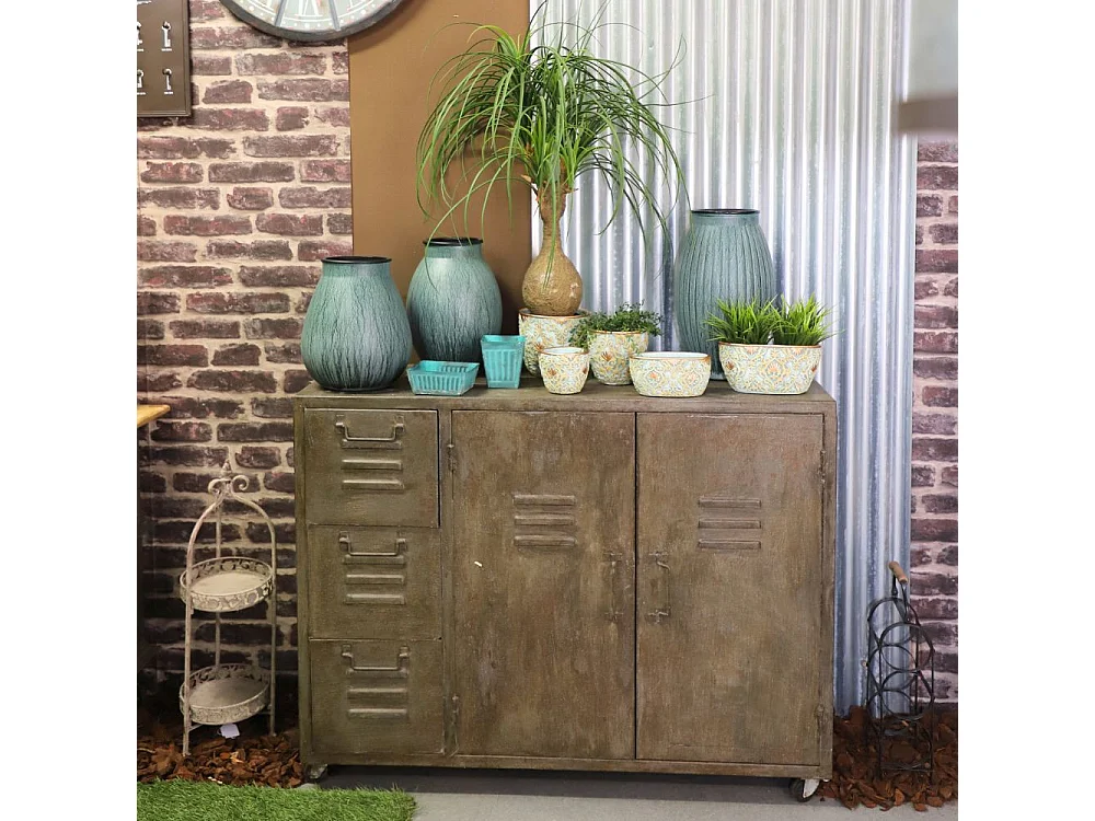 Jardinière ovale en ciment vieilli bleuté et cuivré - L.18 x l.10,5 x Ht.8