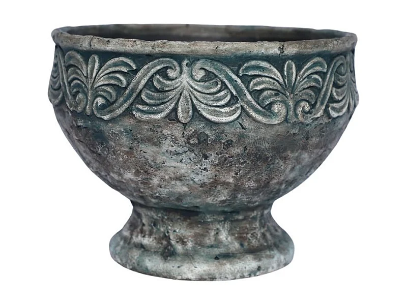 Coupe ronde sur pied en ciment vieilli bleuté Ø.16 x Ht.11,5 cm