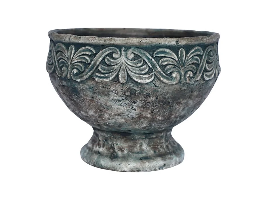 Coupe ronde sur pied en ciment vieilli bleuté Ø.16 x Ht.11,5 cm