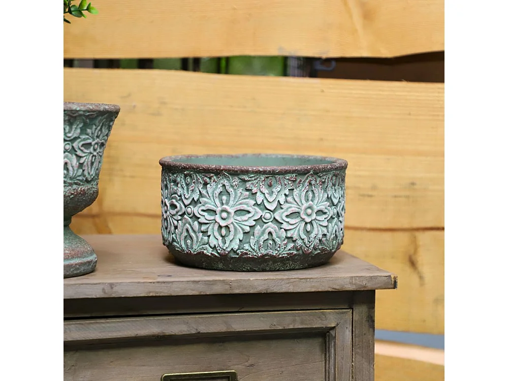 Coupe en ciment vieilli vert/rose Ø19 x Ht10,5 cm