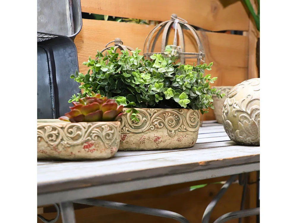 Jardinière ovale en ciment vieilli effet carrelage bordeauxL.26,5 x l.13 x Ht.9,5 cm