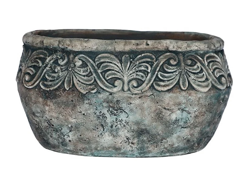 Jardinière ovale en ciment vieilli bleuté L.23 x l.12,5 x Ht.12 cm
