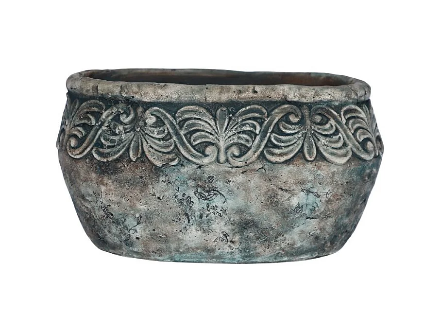 Jardinière ovale en ciment vieilli bleuté L.23 x l.12,5 x Ht.12 cm