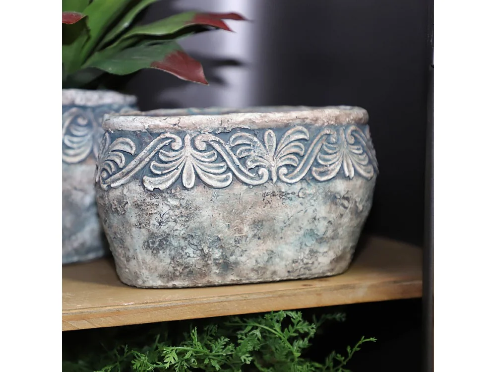 Jardinière ovale en ciment vieilli bleuté L.23 x l.12,5 x Ht.12 cm