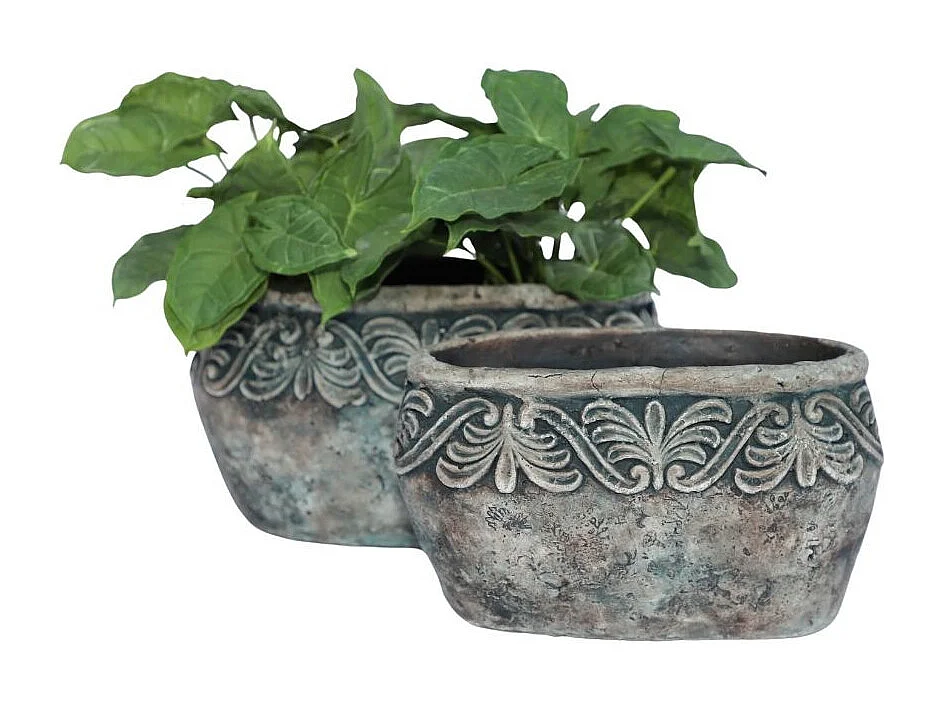 Jardinière ovale en ciment vieilli bleuté L.23 x l.12,5 x Ht.12 cm