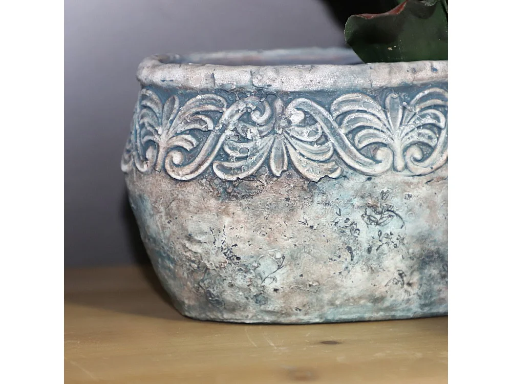 Jardinière ovale en ciment vieilli bleuté L.19 x l.11 x Ht.11cm