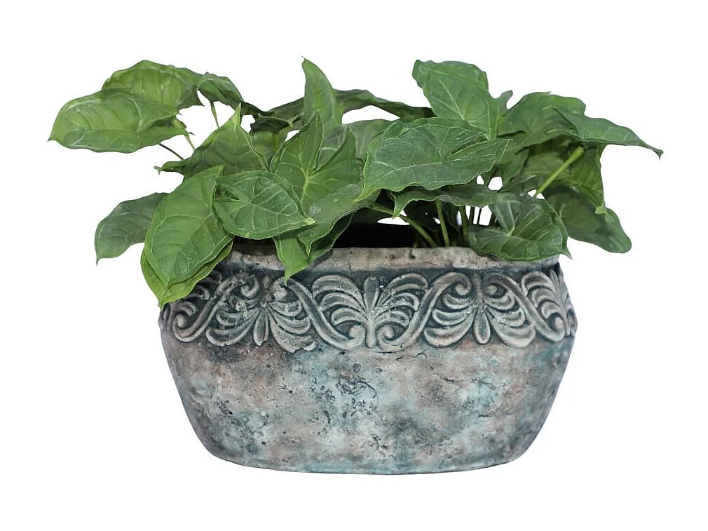 Jardinière ovale en ciment vieilli bleuté L.19 x l.11 x Ht.11cm