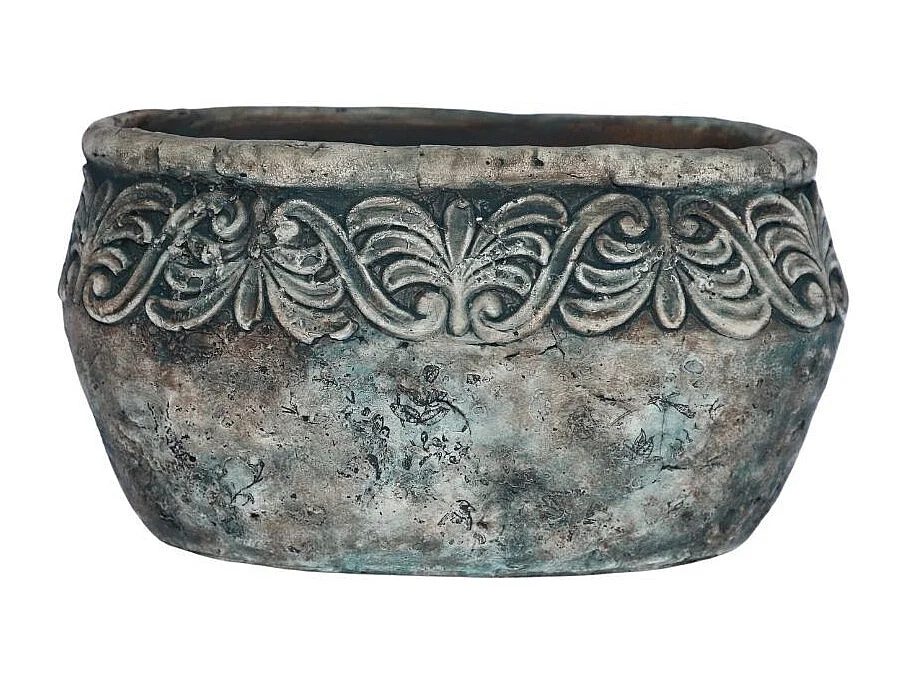 Jardinière ovale en ciment vieilli bleuté L.19 x l.11 x Ht.11cm