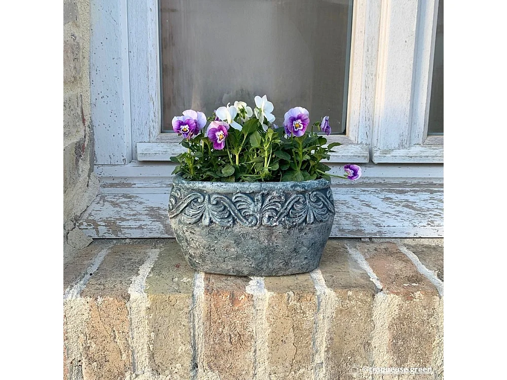 Jardinière ovale en ciment vieilli bleuté L.19 x l.11 x Ht.11cm