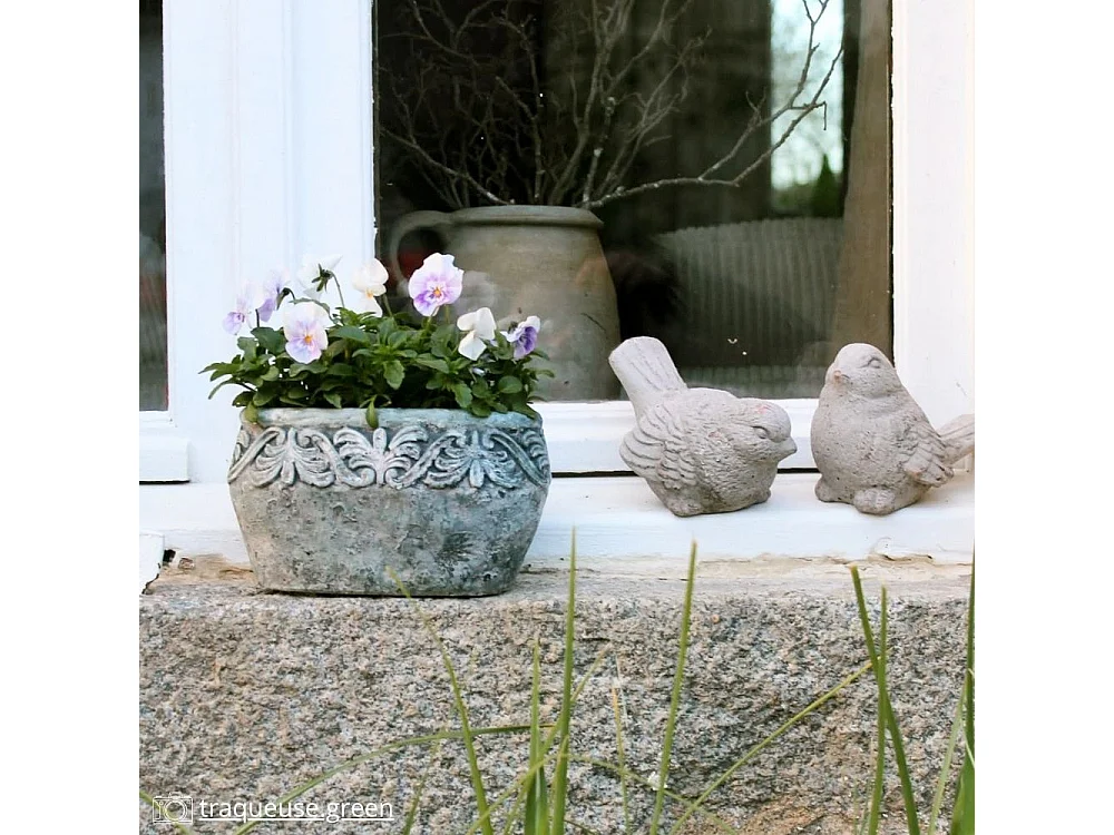Jardinière ovale en ciment vieilli bleuté L.19 x l.11 x Ht.11cm