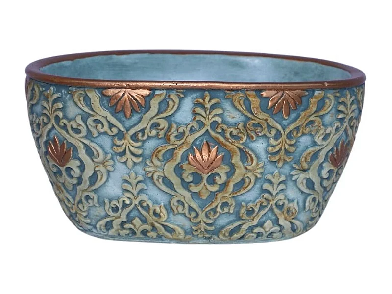 Jardinière ovale en ciment vieilli bleuté et cuivréL.22 x l.13 x Ht.11 cm