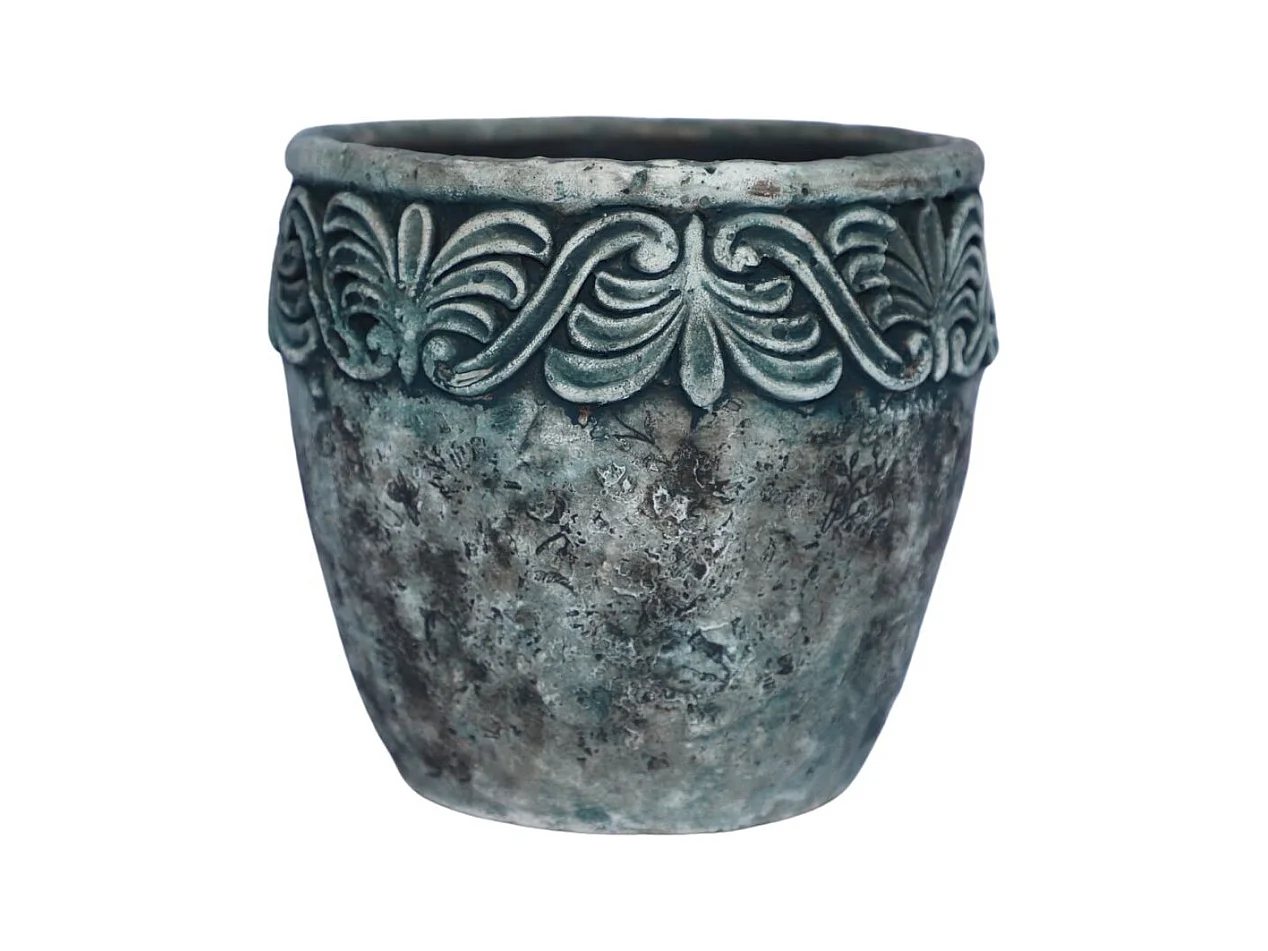 Cache-pot rond en ciment vieilli bleuté Ø.15,5 x Ht.15,5 cm