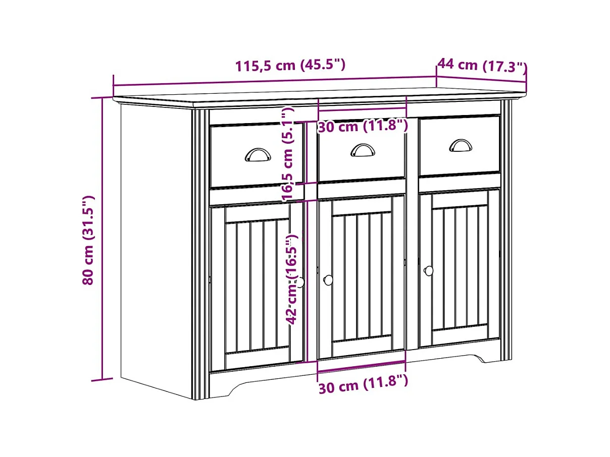 Buffet BODO blanc 115,5x44x80 cm bois massif de pin