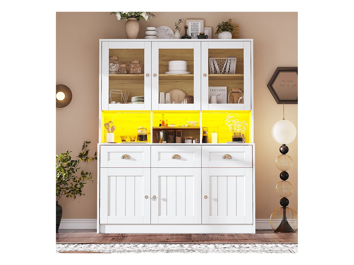 Buffet de cuisine haut avec éclairage LED, design moderne, MDF, blanc/noir, étagères réglables (140x40x175cm)