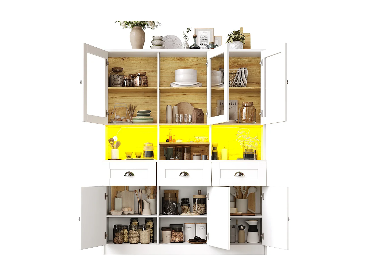 Hoge keukenkast met LED-verlichting, modern design, MDF, wit/zwart, verstelbare planken (140x40x175cm)