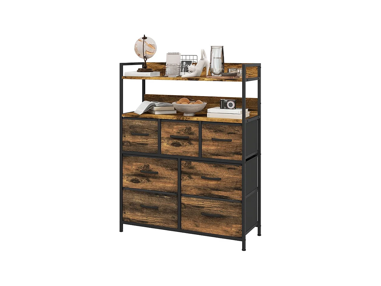 Commode avec 7 tiroirs en tissu pliable, 2 étagères, cadre en acier, polyester, marron rustique (79x29x101 cm)