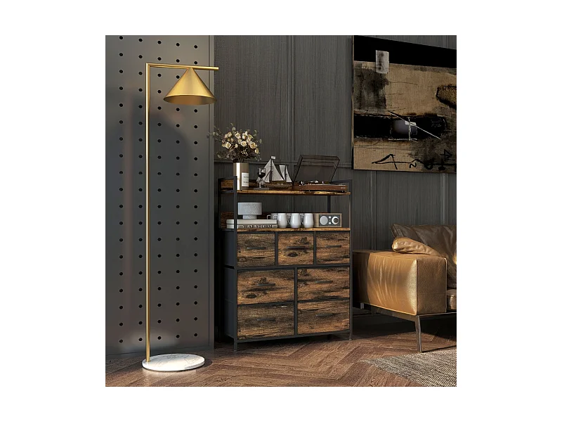 Ladekast met 7 opvouwbare stoffen laden, 2 legplanken, stalen frame, polyester, rustiek bruin (79x29x101 cm)