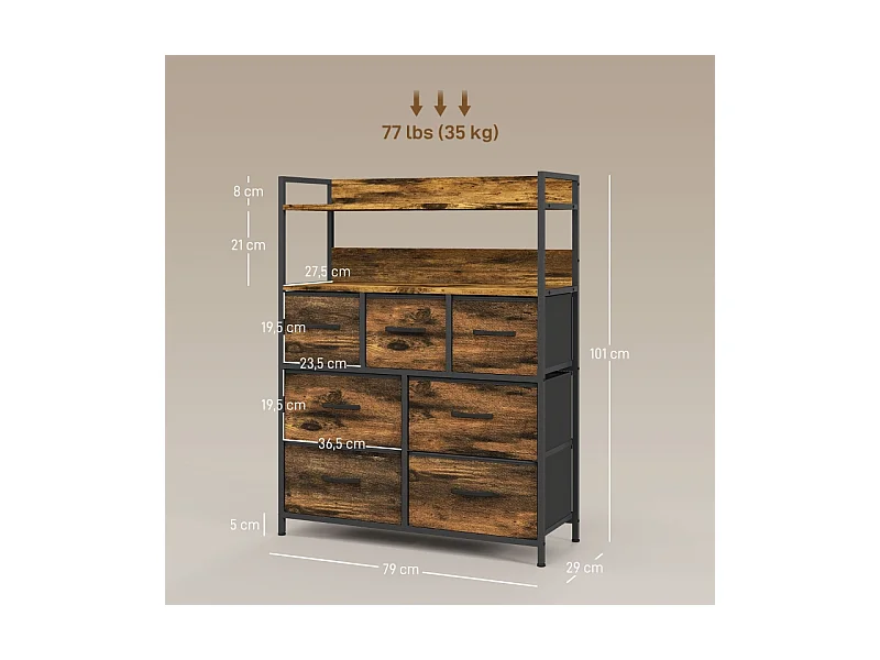 Ladekast met 7 opvouwbare stoffen laden, 2 legplanken, stalen frame, polyester, rustiek bruin (79x29x101 cm)