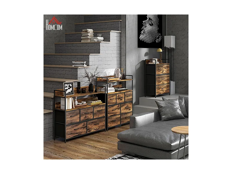 Ladekast met 7 opvouwbare stoffen laden, 2 legplanken, stalen frame, polyester, rustiek bruin (79x29x101 cm)