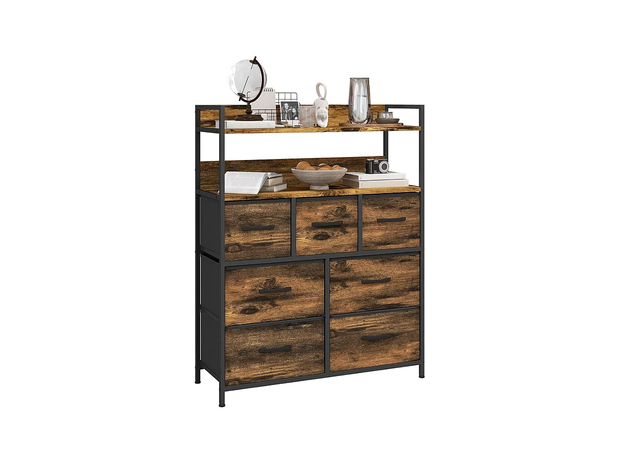 Ladekast met 7 opvouwbare stoffen laden, 2 legplanken, stalen frame, polyester, rustiek bruin (79x29x101 cm)