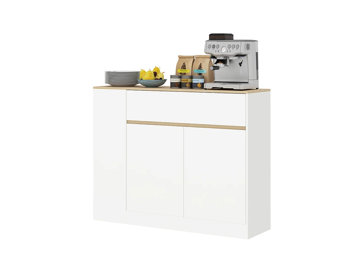 Buffet de cuisine avec tiroir, étagère réglable et protection anti-bascullement, bois, blanc (105x30x81.5 cm)