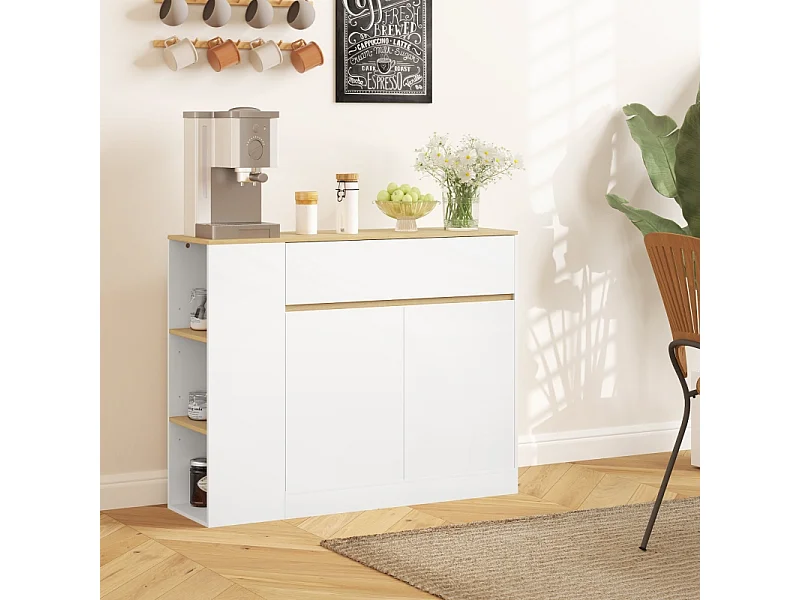 Buffet de cuisine avec tiroir, étagère réglable et protection anti-bascullement, bois, blanc (105x30x81.5 cm)