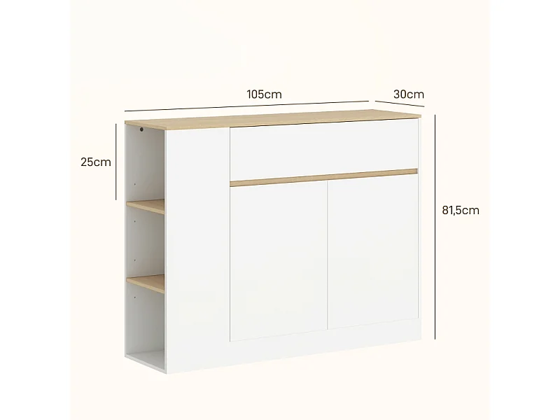 Buffet de cuisine avec tiroir, étagère réglable et protection anti-bascullement, bois, blanc (105x30x81.5 cm)
