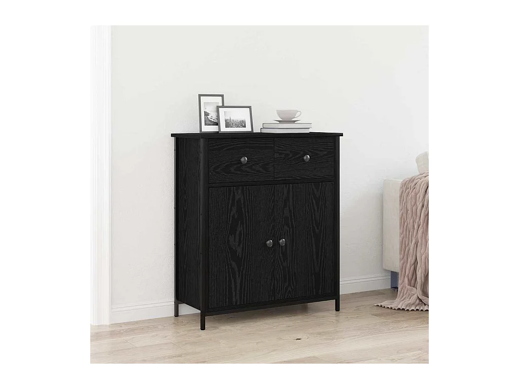 Buffet Noir Chêne 70x30x80 cm Bois reconstitué et Acier