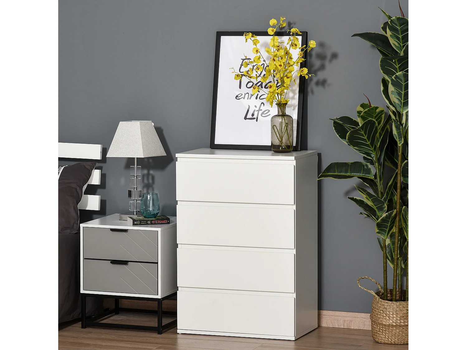 Cómoda de 4 cajones, diseño minimalista, MDF, color blanco, con sistema antivuelco (55x33x80cm)