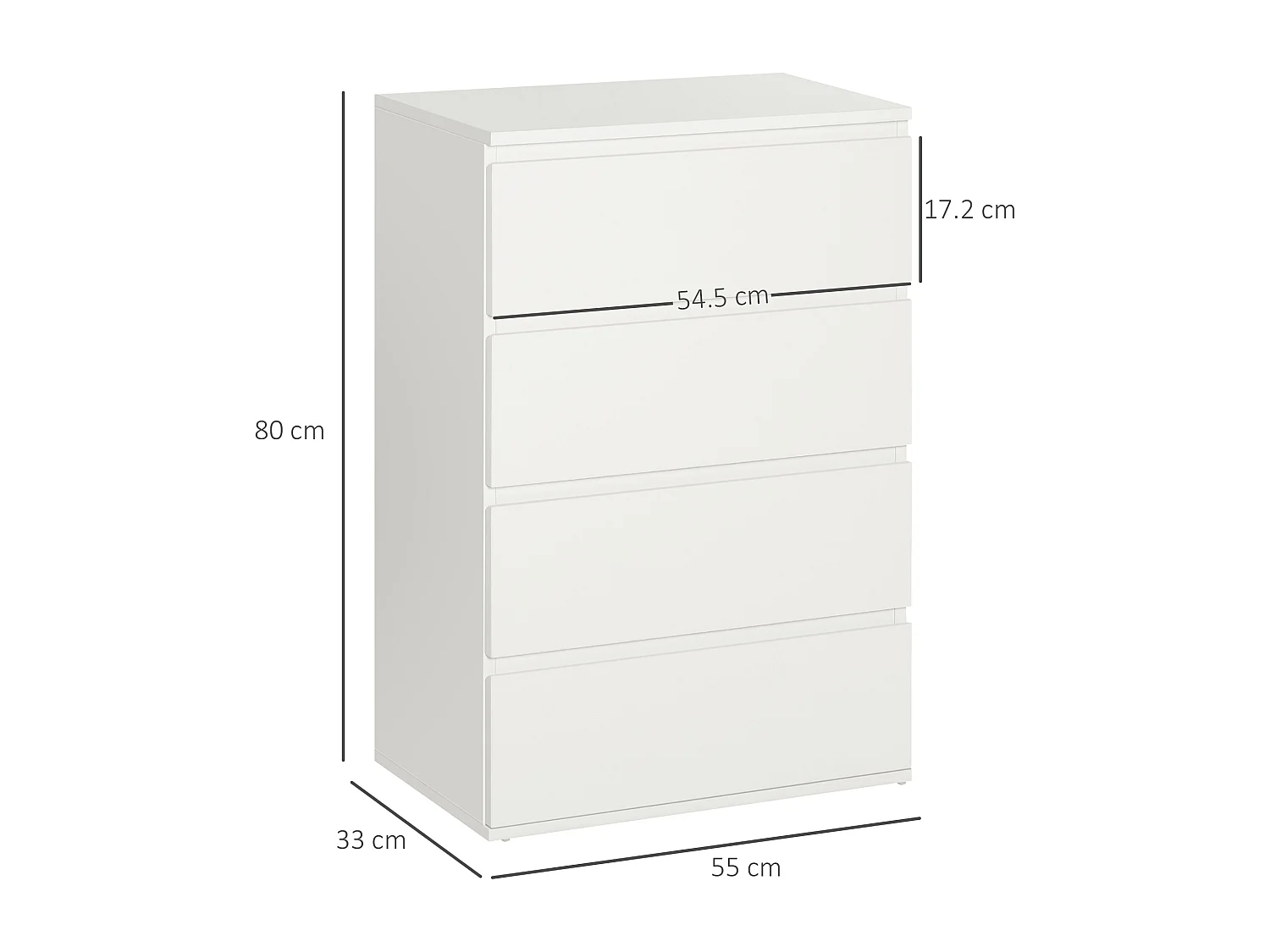 Cómoda de 4 cajones, diseño minimalista, MDF, color blanco, con sistema antivuelco (55x33x80cm)