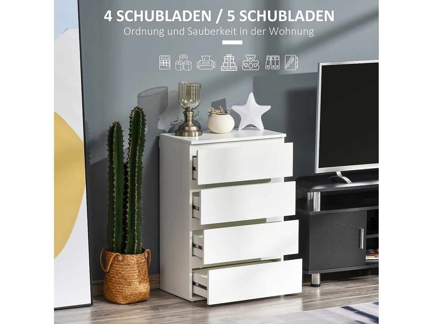 Cómoda de 4 cajones, diseño minimalista, MDF, color blanco, con sistema antivuelco (55x33x80cm)