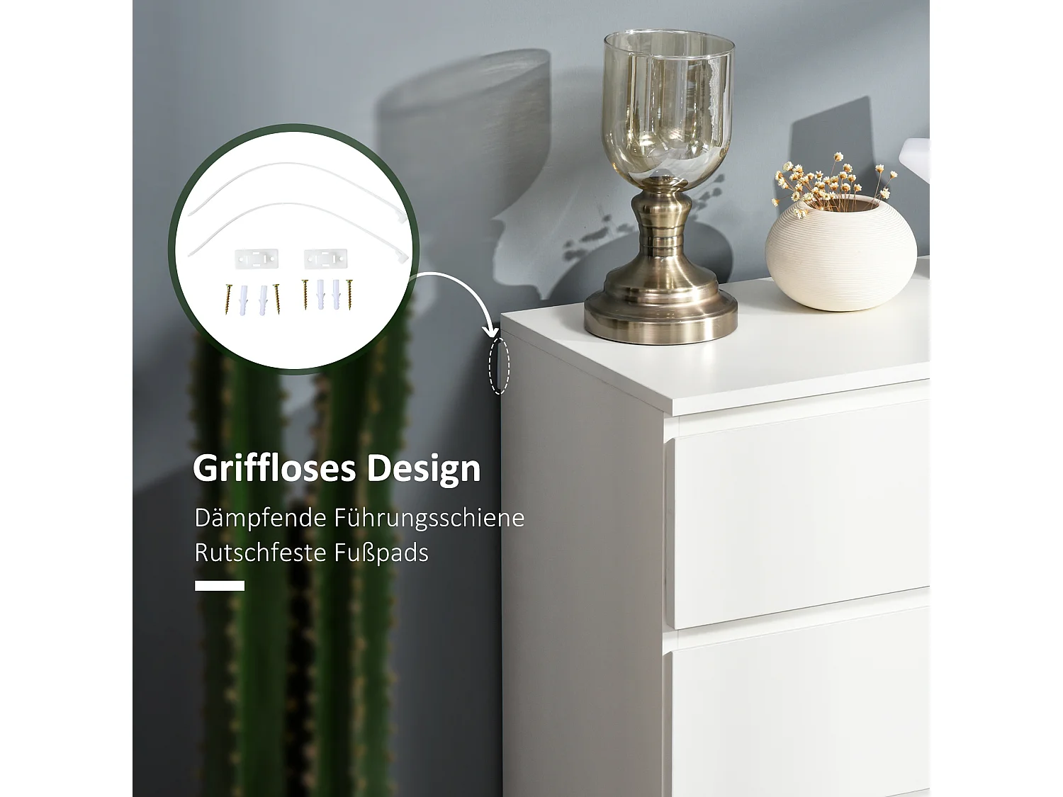 Cómoda de 4 cajones, diseño minimalista, MDF, color blanco, con sistema antivuelco (55x33x80cm)