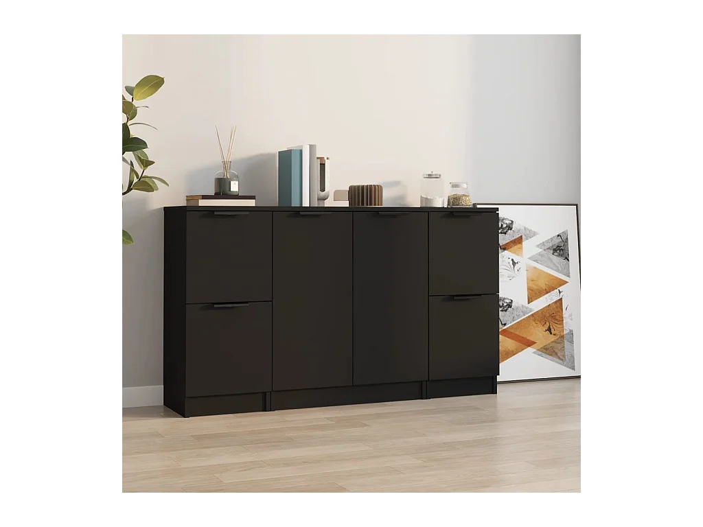 Buffets 3 pcs noir bois d'ingénierie
