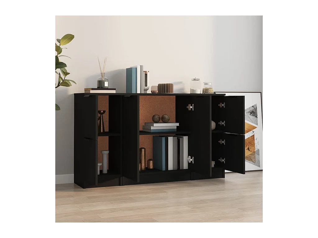 Buffets 3 pcs noir bois d'ingénierie