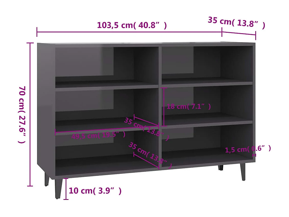 Glänzend graues Sideboard 103,5 x 35 x 70 cm Holzwerkstoff