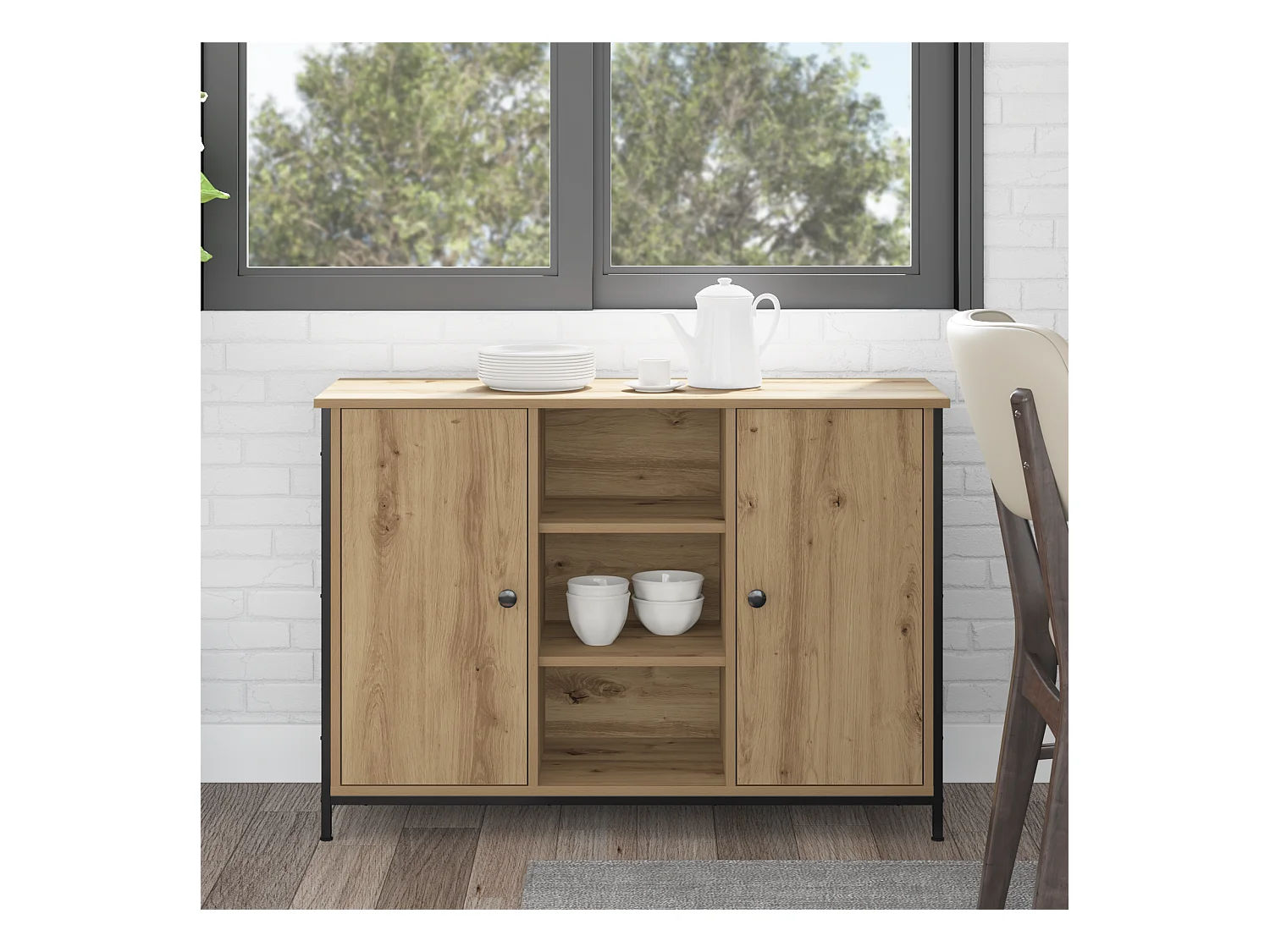 Artisan Sideboard aus Eichenholz, 100 x 35 x 70 cm, Holzwerkstoff und Stahl